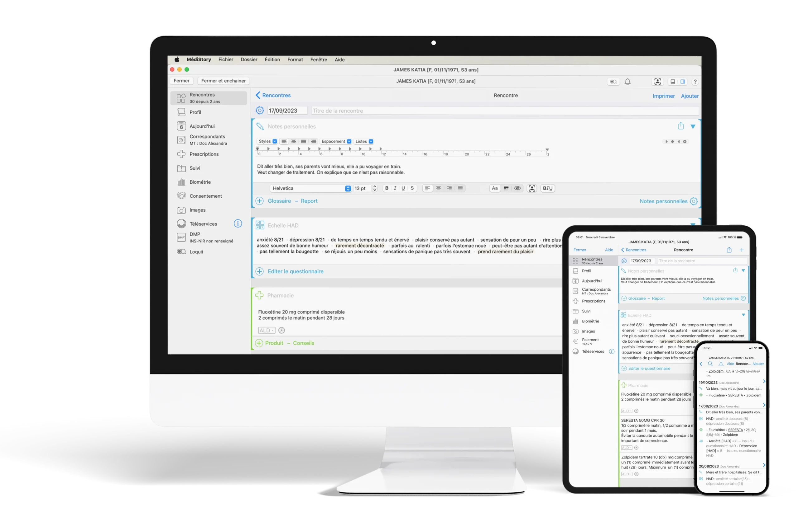 mobilite-ms MediStory en mobilité sur Mac, iPad et iPhone ouvert sur un dossier patient