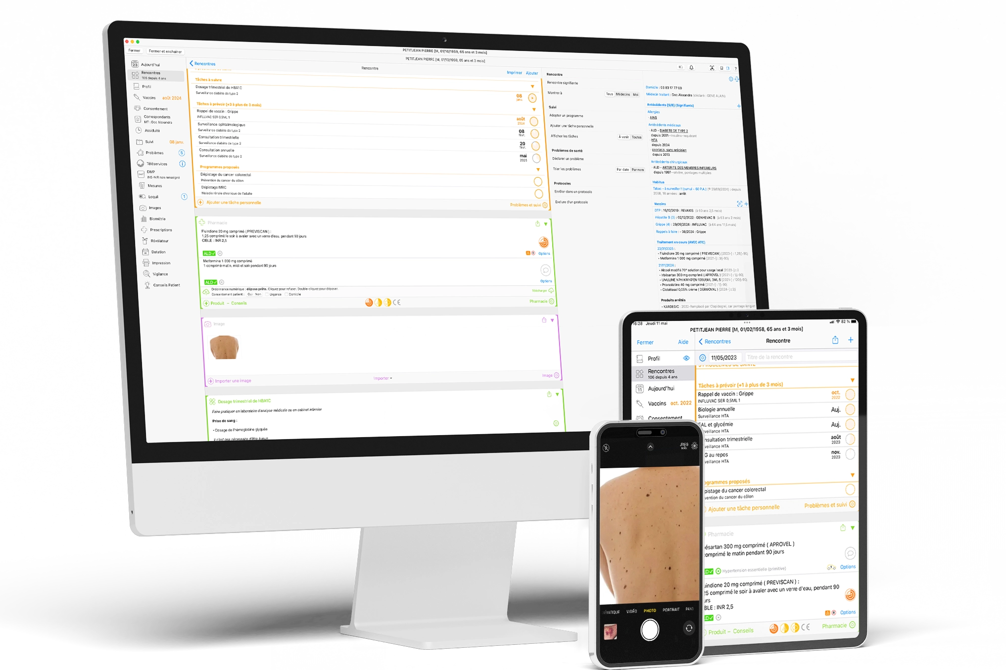 mobilite Mac, iPad et iPhone avec un dossier patient ouvert sur le logiciel médecin MediStory